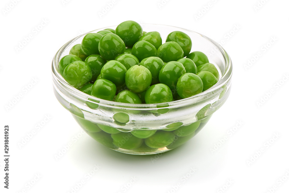 Fresh green peas in a bowl, isolated on white background Fresh green peas in a bowl, isolated on white background