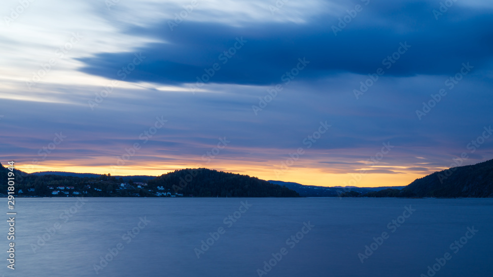 Zachód słońca, niebieska godzina, Drobak, Drøbak Norway, Norge, Norwegia
