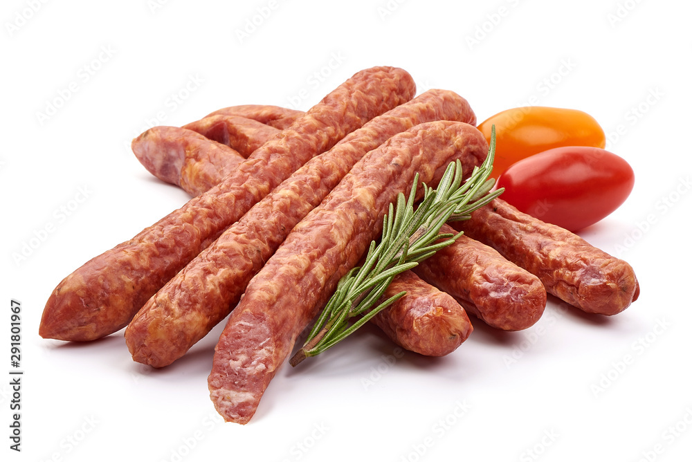 Smoked pork sausages, isolated on white background Smoked pork sausages, isolated on white background