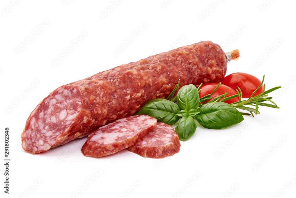 Italian smoked sausage. Dry sausage, isolated on white background Italian smoked sausage. Dry sausage, isolated on white background