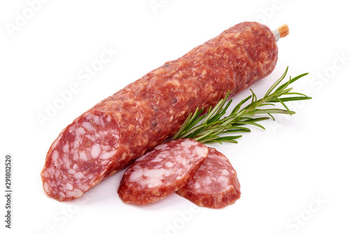 Italian smoked sausage. Dry sausage, isolated on white background