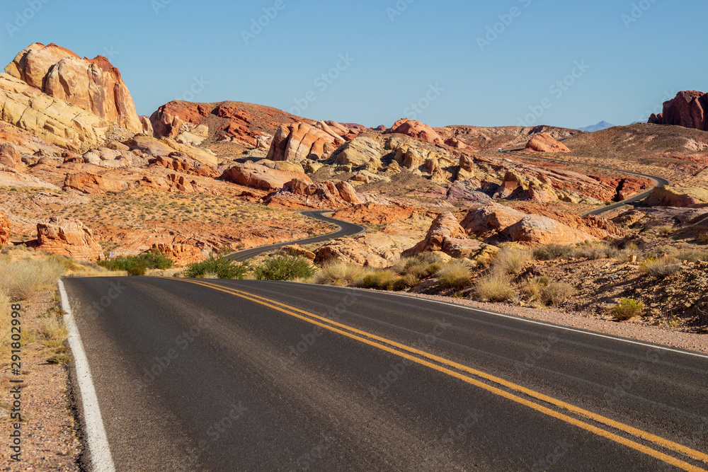 Scenic drive road runs through it in the Valley of Fire State Park near Las Vegas, Nevada.