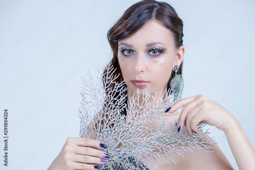 Young woman in creative image with silver artistic make-up.Winter, Christmas Girl Make up. Holiday Make-up with gems. Snow Queen High Fashion Portrait. Eyeshadows, False Eyelashes and Crystals Young woman in creative image with silver artistic make-up.Winter, Christmas Girl Make up. Holiday Make-up with gems. Snow Queen High Fashion Portrait. Eyeshadows, False Eyelashes and Crystals