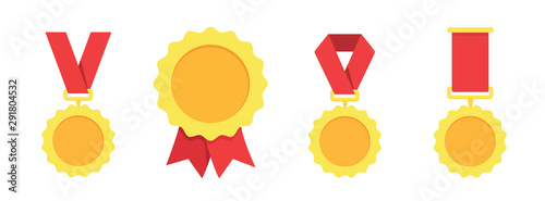 Gold, silver, bronze medal. 1st, 2nd and 3rd places. Trophy with red ribbon. Flat style - stock vector.