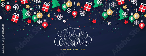 Merry christmas banner of paper art holiday icons