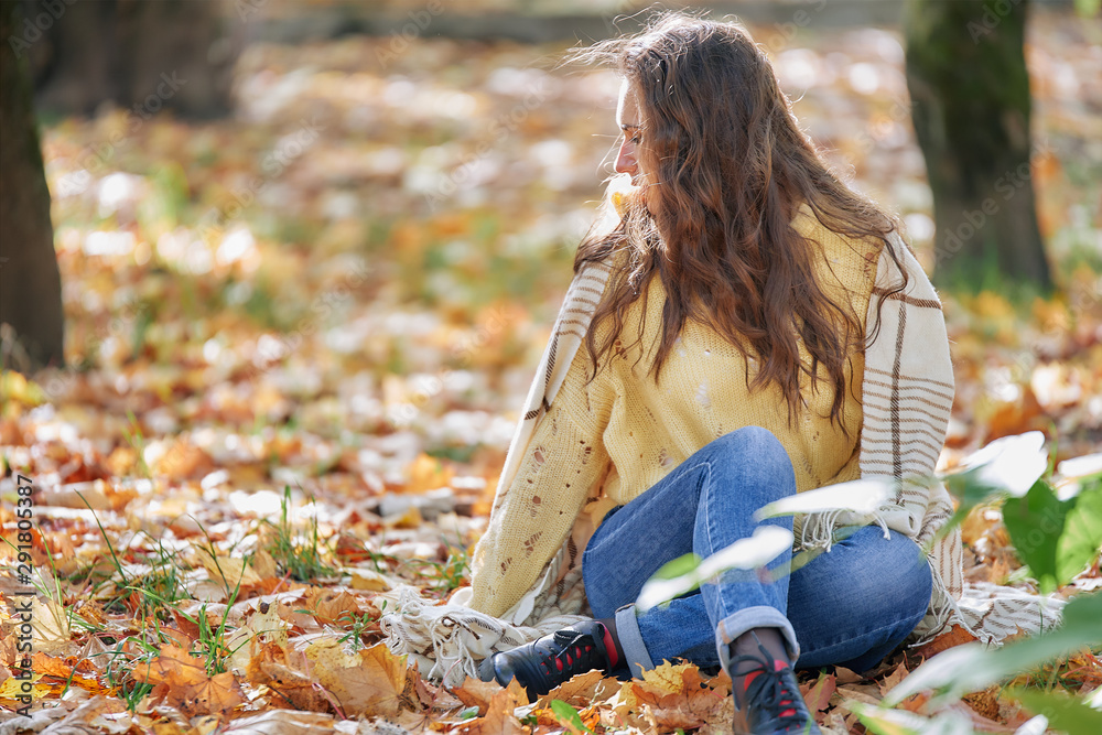 Cute girl on a golden autumn background. Portrait of a beautiful brunette woman in autumn yellow sweater. Cute girl on a golden autumn background. Portrait of a beautiful brunette woman in autumn yellow sweater.