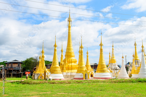 golden pagodas at inle lake, myanmar