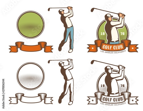 Retro golf badge with golfer hitting the ball. Golf country club vintage logo. vector illustration.