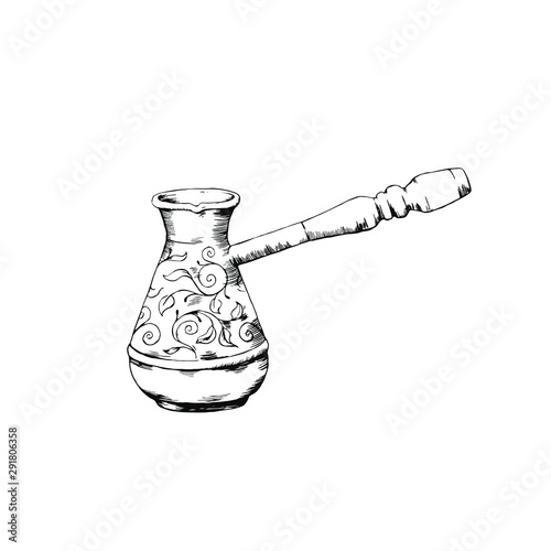 Ink drawing of cezva isolated. Coffee pot sketch