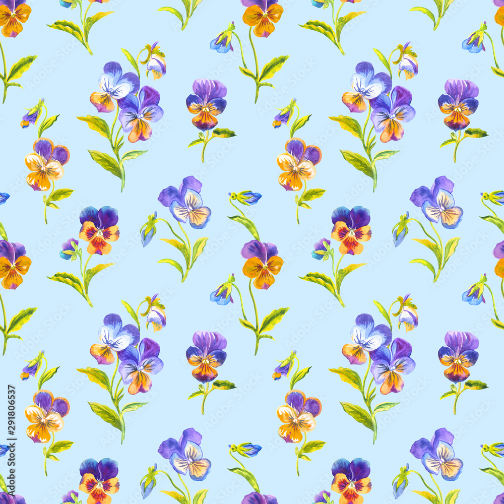 Seamless pattern of pansies on a pale blue background, watercolor illustration. Floral print for fabric and other designs.