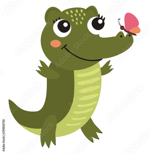 Croc with butterfly, illustration, vector on white background.