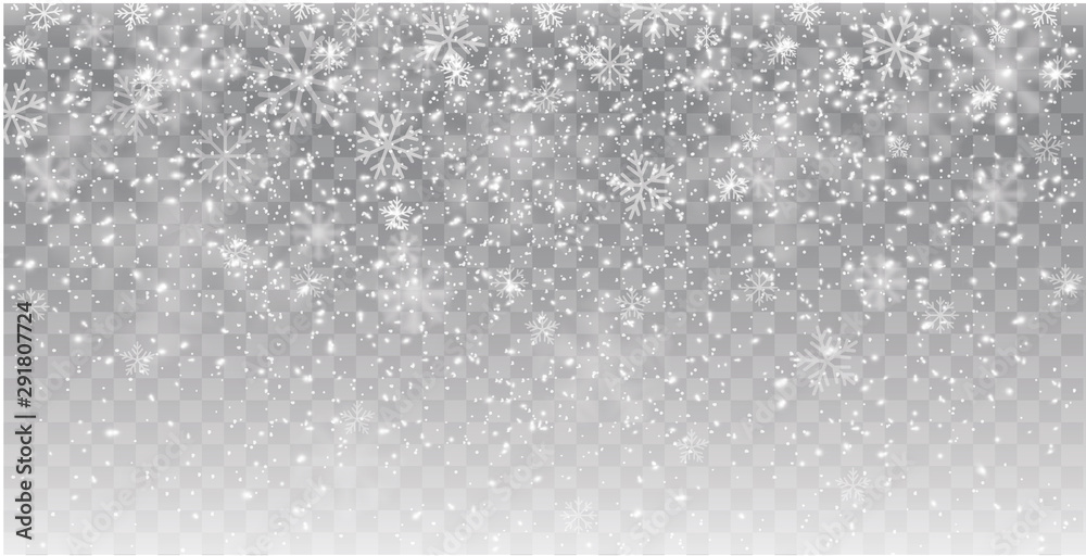 Seamless realistic falling snow or snowflakes. Isolated on transparent background - stock vector. - obrazy, fototapety, plakaty 