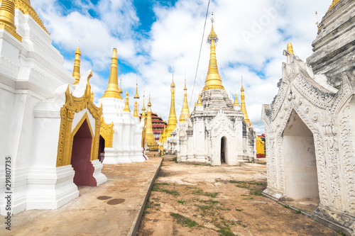 golden pagodas at inle lake, myanmar