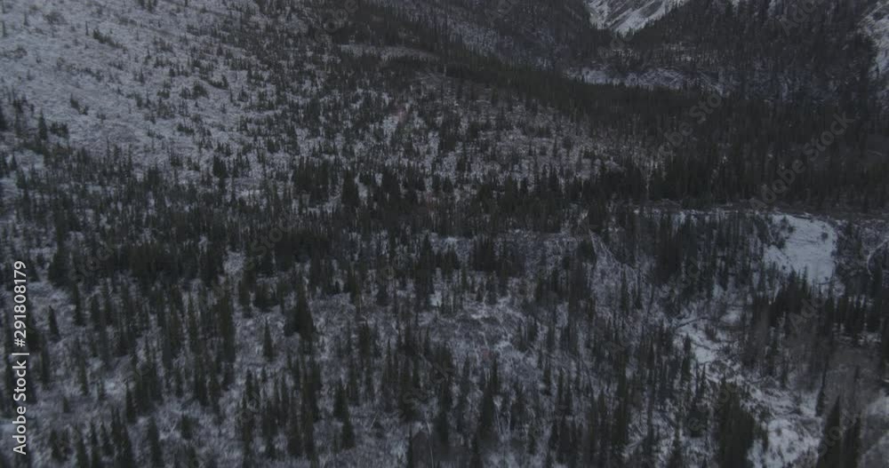 Aerial helicopter shot tilt up from snowy Alaskan plateau towards mountains in distance, drone footage Aerial helicopter shot tilt up from snowy Alaskan plateau towards mountains in distance, drone footage
