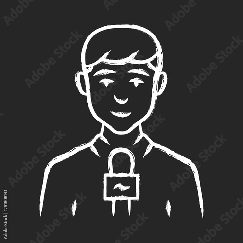 Reporter man chalk icon. TV presenter, interviewer with microphone. Journalist taking interview. Newscaster reporting breaking news. Television announcer. Isolated vector chalkboard illustration