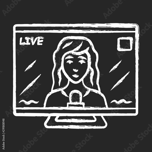 Reporter woman on TV chalk icon. Female journalist, interviewer reporting breaking news live. Newscast. Newswoman on TV screen. Isolated vector chalkboard illustration