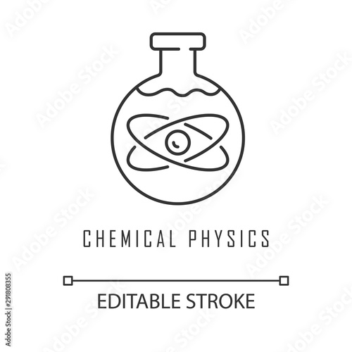 Chemical physics linear icon. Laboratory scientific research. Chemical substance in flask. Lab experiment. Thin line illustration. Contour symbol. Vector isolated outline drawing. Editable stroke