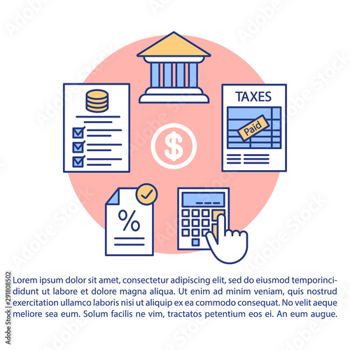 Paying taxes article page vector template. Taxation accounting. Income fee calculation. Brochure, magazine, booklet design element with linear icons. Print design. Concept illustrations with text