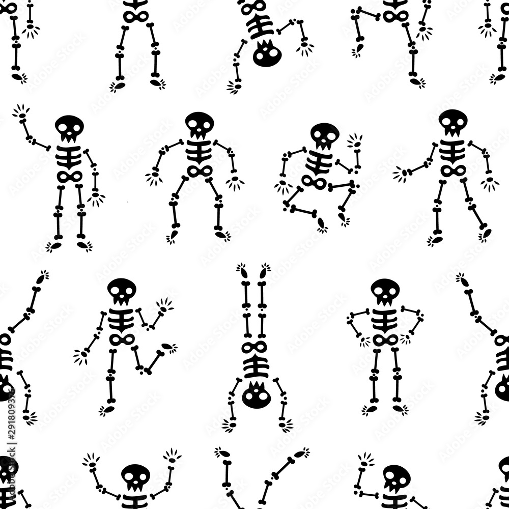 Halloween dancing skeletons seamless pattern. Funny black skeletons on the white background. Skeletons dancing at a party. Human skeletons in various poses. Happy Halloween Halloween dancing skeletons seamless pattern. Funny black skeletons on the white background. Skeletons dancing at a party. Human skeletons in various poses. Happy Halloween