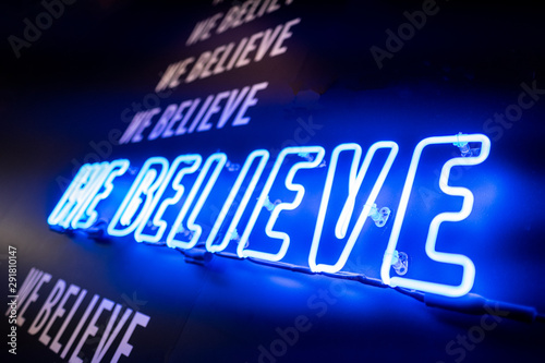 neon light word believe power idea creative art lightness lighting traffic road intervention character convention speel concept path stroke shine glow photo