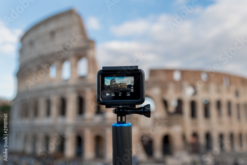 The Colosseum seen through the small screen of an action camera, Rome - Italy