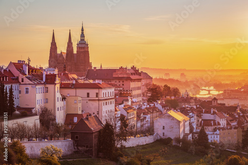 View over Prague skyline from Petrin hill in morning light, Czech Republic