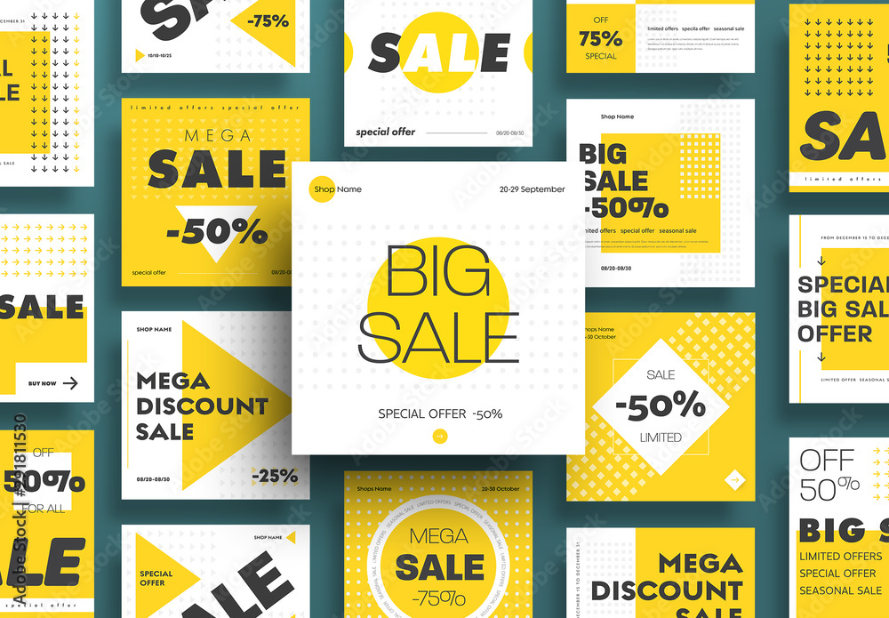 Social Media Post Layout Set with Yellow Geometric Elements Stock ...