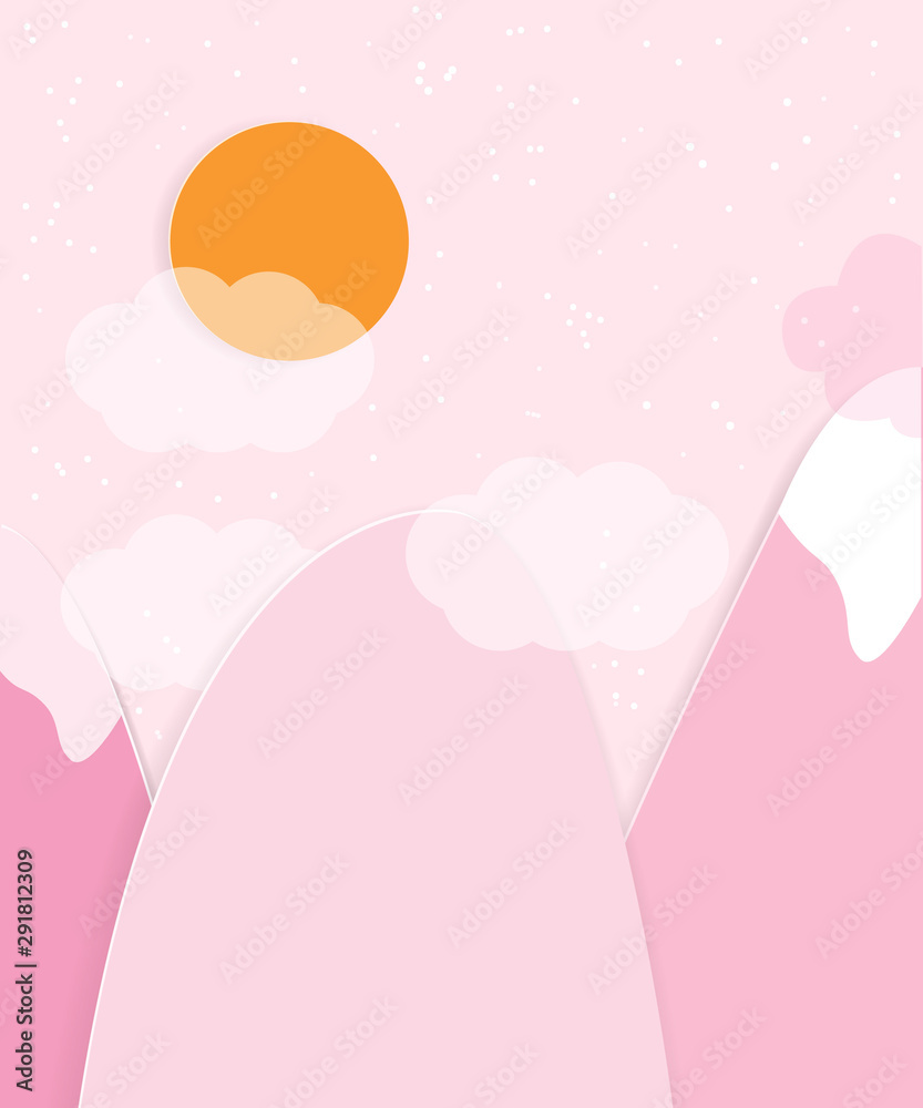 Pastel pink origami mountains, sun and clouds. Cute card or poster. Vector hand drawn illustration.