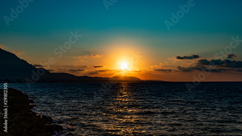 Panorama of famous Camelot Beach on Cyprus. Beautiful sunset background. Sundown. Seascape.