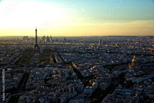 Eiffel Tower, Les Invalides and business district of Defense at orange sunset, as seen from Montparnasse Tower, Paris, France © JEROME LABOUYRIE