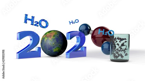 3D animation of a water molecule and a glass with a lot of oscillating molecules, the rotating planet Earth and symbols of the vodi formula with numbers on a white background. The composition forms th photo