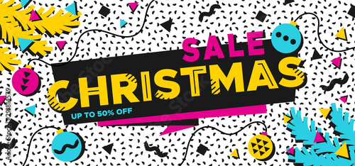 Christmas Sale banner in the style of the 80s with multicolored balls and fir branches. Illustration in Memphis style
