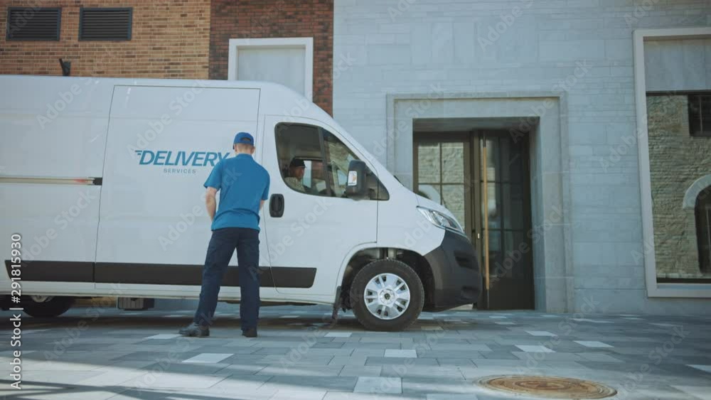 Courier Gets out of Delivery Truck, Takes out Postal Package and Man Gives it to Customer, Who Signs Electronic Signature POD Device. In Business District Courier Delivers Cardboard Box Parcel to Man 