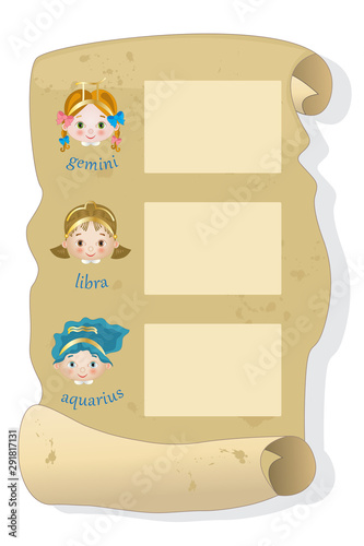 Parchment with the three zodiacal signs of air: gemini libra aquarius
