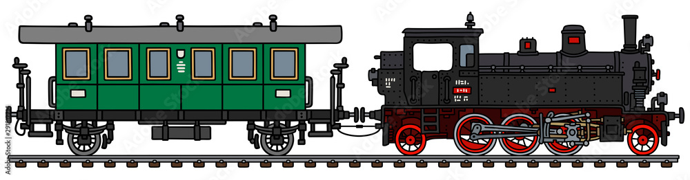 Obraz premium The vectorized hand drawing of a vintage tank engine locomotive and a green coach