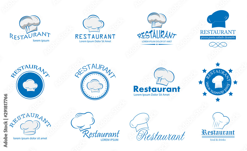Chef Hat And Restaurant Logo Set - Isolated On White. Vector For Food Icon, Cooking Hat, Kitchen, Bar And Chef Logo Design. Restaurant And Chef Hat Logo For Bistro, Cook Elements And Food Labels