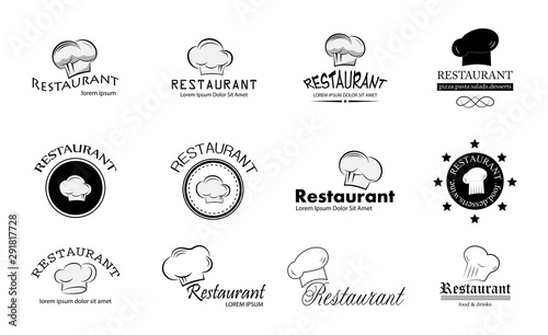 Chef Hat And Restaurant Logo Set - Isolated On White. Vector For Food Icon, Cooking Hat, Kitchen, Bar And Chef Logo Design. Restaurant And Chef Hat Logo For Bistro, Cook Elements And Food Labels