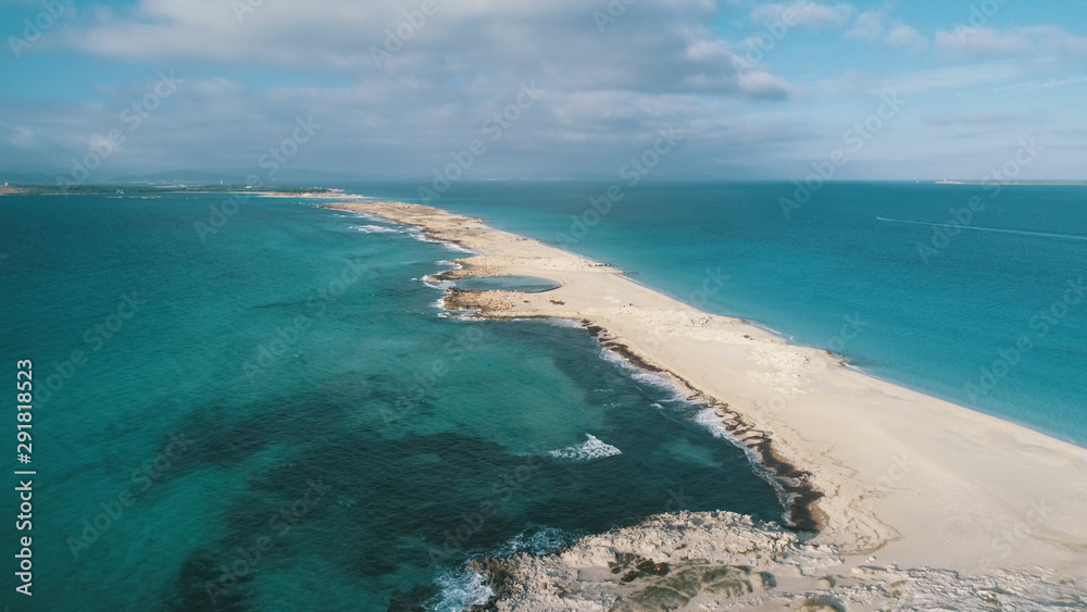 illetas, formentera beach seen from drone with turquoise and crystalline sea 
