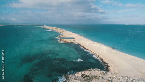 illetas, formentera beach seen from drone with turquoise and crystalline sea 