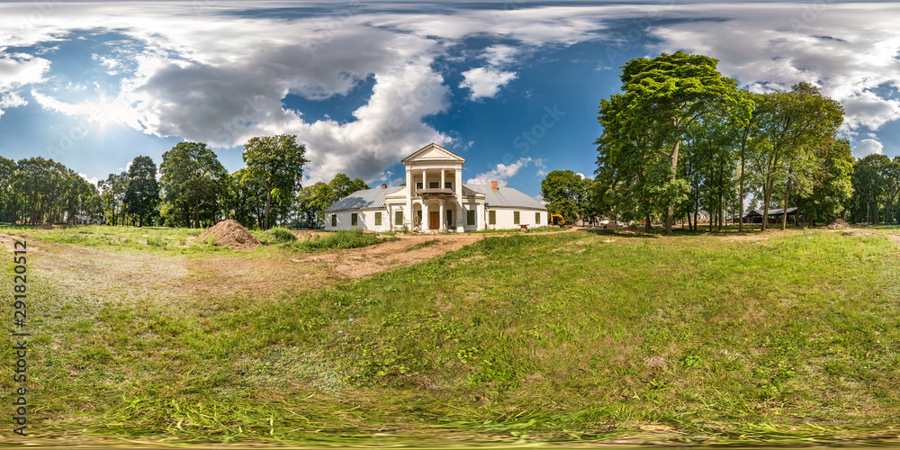 full seamless spherical hdri panorama 360 degrees angle view near abandoned homestead castle with columns in equirectangular spherical projection with zenith and nadir. for VR content