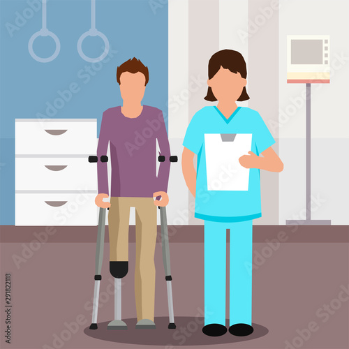 Flat Doctor and Patient in Rehabilitation Center