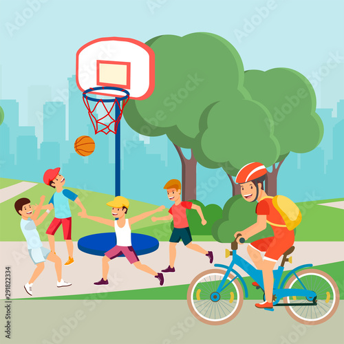 Flat Cartoon Active Teenagers Characters Do Sport