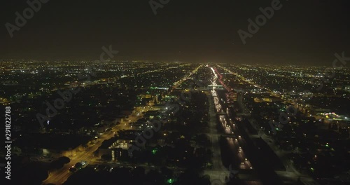 Aerial shot, night, fly over la residential section at night, drone