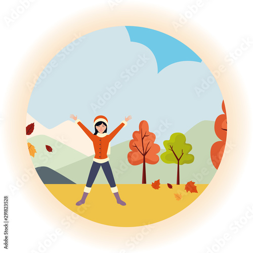 hello autumn season with happy young girl in the field