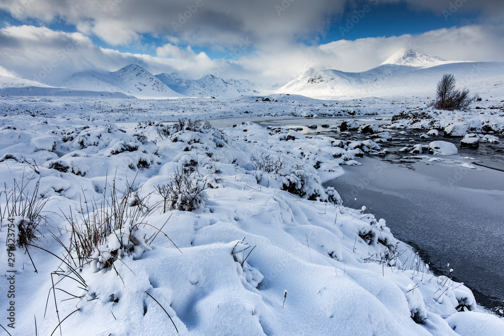 Scottish, Highland, Rannoch Moor, bright snow frozen river, winter day, sunshine, blue sky beautiful clouds