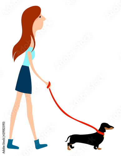 Girl walking dog, illustration, vector on white background.