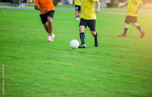 Soccer player speed run to shoot ball to goal on green grass. Soccer player training or football match.
