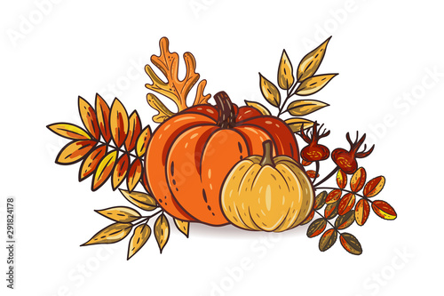 Autumn leaves and pumpkins isolated on white background. Seasonal rowan and oak leaves with gourds and dog-rose for thanksgiving day, harvest decoration, halloween. Fall season elements. Vector design