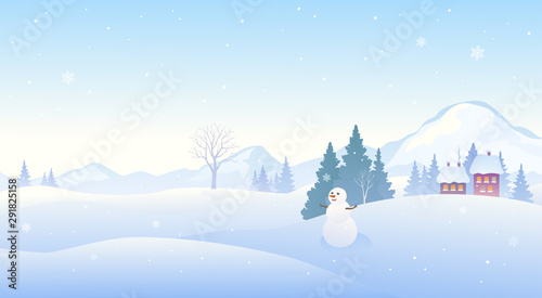 Winter snow covered landscape with a cute snowman, mountain background