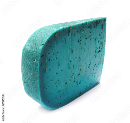 Dutch blue cheese. Cheese on a white background. Lavender pesto